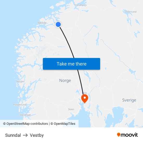 Sunndal to Vestby map