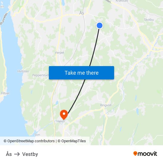 Ås to Vestby map