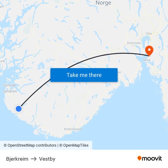 Bjerkreim to Vestby map