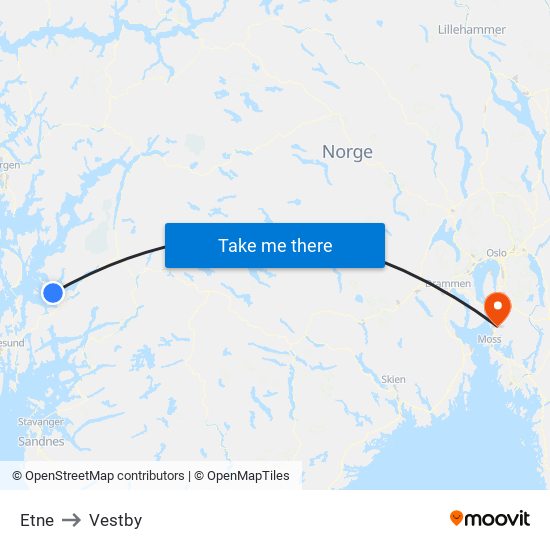 Etne to Vestby map