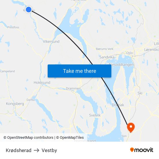 Krødsherad to Vestby map