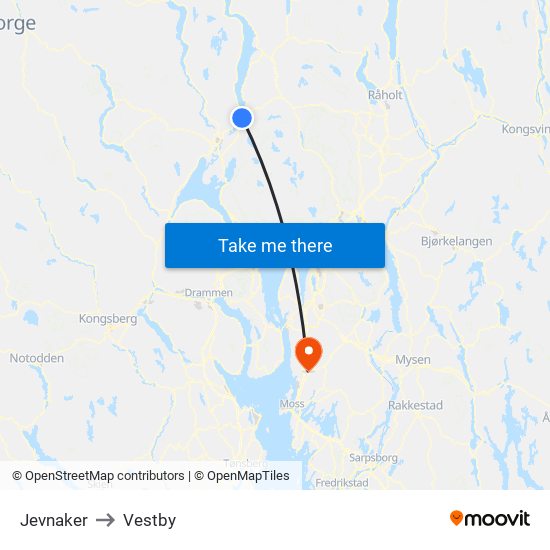 Jevnaker to Vestby map