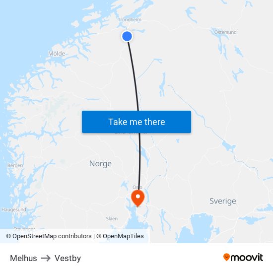 Melhus to Vestby map