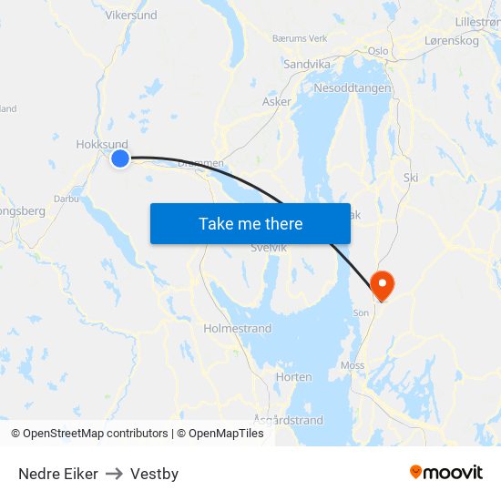 Nedre Eiker to Vestby map