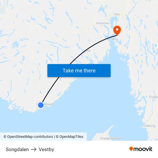 Songdalen to Vestby map