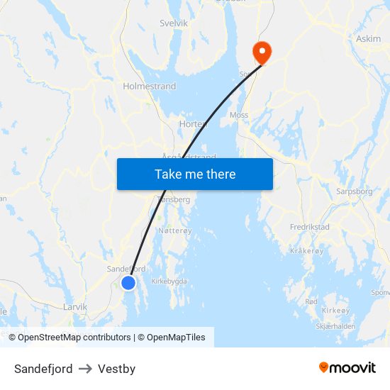 Sandefjord to Vestby map