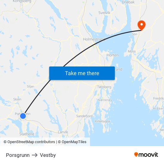 Porsgrunn to Vestby map