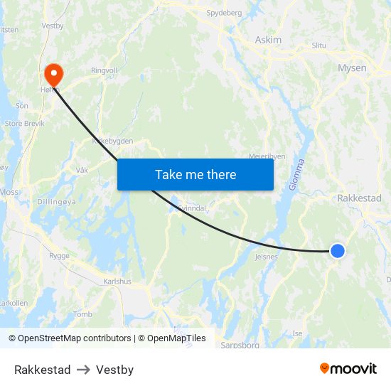 Rakkestad to Vestby map