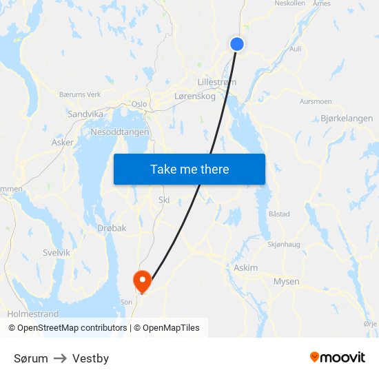 Sørum to Vestby map