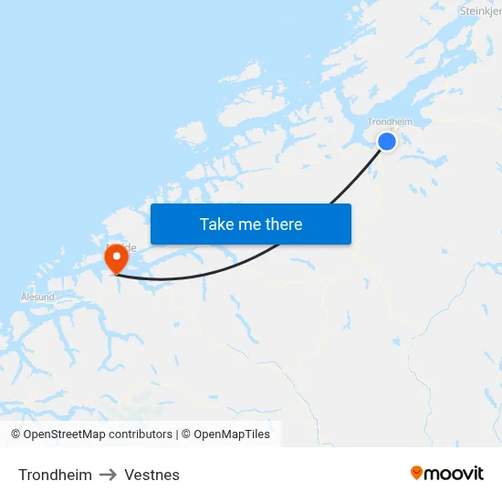 Trondheim to Vestnes map