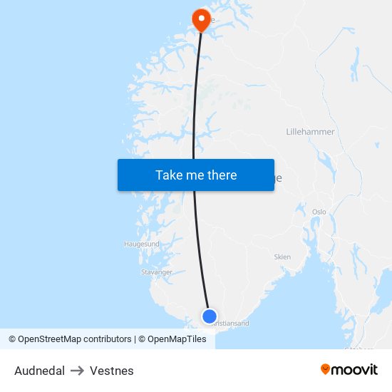 Audnedal to Vestnes map