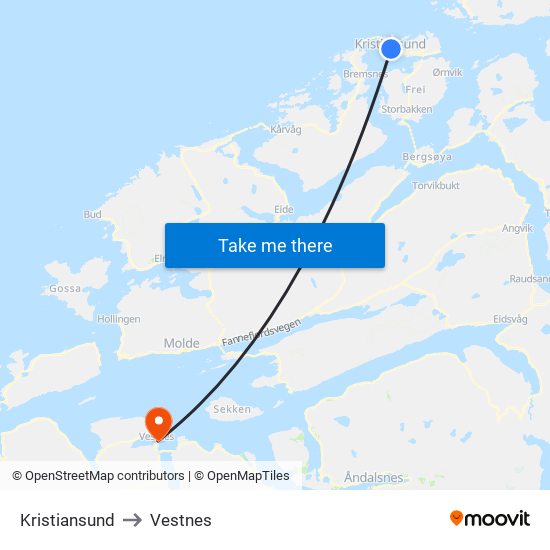 Kristiansund to Vestnes map