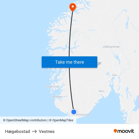 Hægebostad to Vestnes map