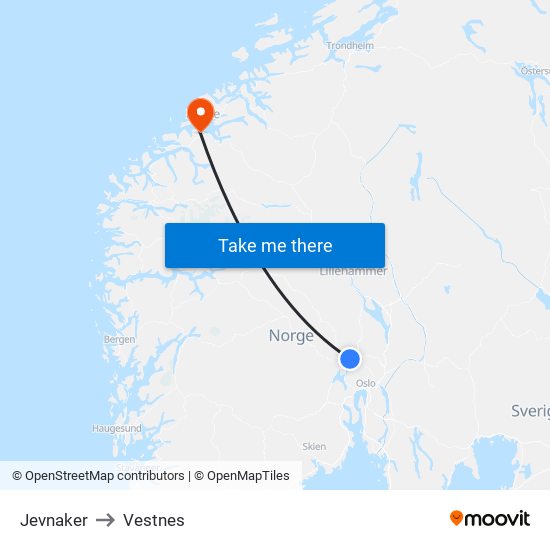 Jevnaker to Vestnes map