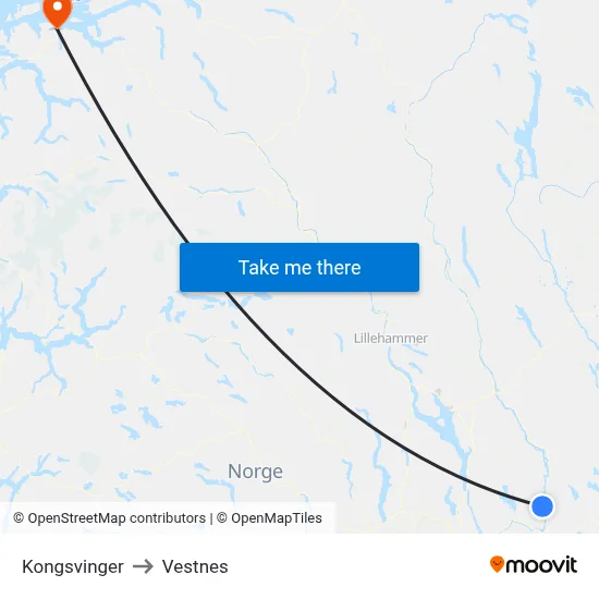Kongsvinger to Vestnes map