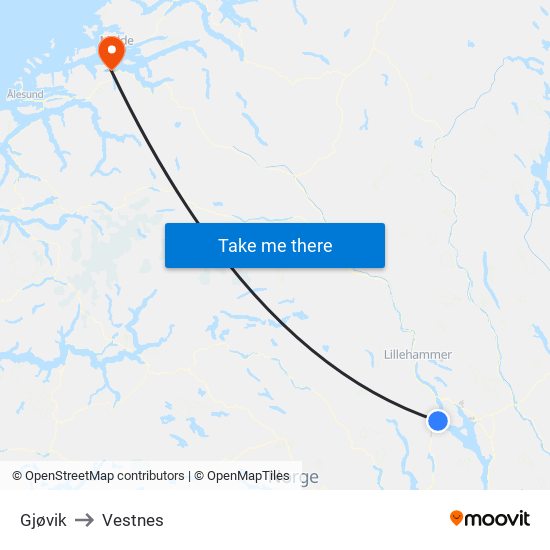 Gjøvik to Vestnes map