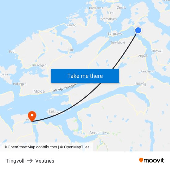 Tingvoll to Vestnes map
