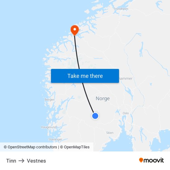 Tinn to Vestnes map