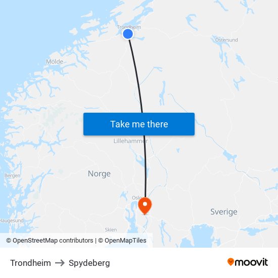 Trondheim to Spydeberg map