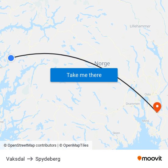 Vaksdal to Spydeberg map