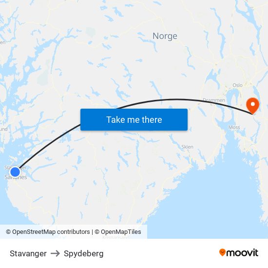 Stavanger to Spydeberg map