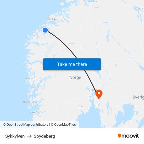 Sykkylven to Spydeberg map