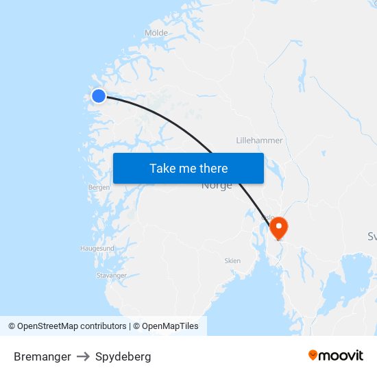 Bremanger to Spydeberg map