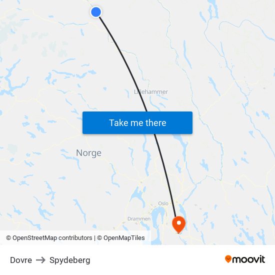 Dovre to Spydeberg map