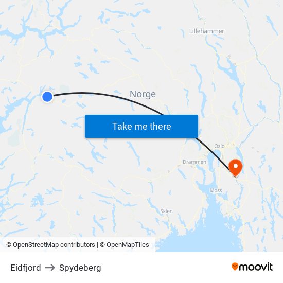Eidfjord to Spydeberg map