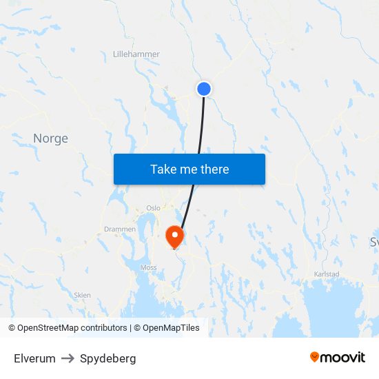 Elverum to Spydeberg map