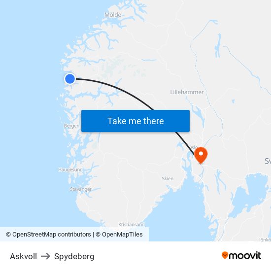 Askvoll to Spydeberg map