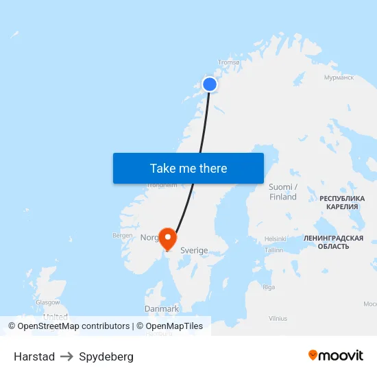 Harstad to Spydeberg map