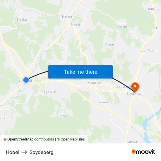 Hobøl to Spydeberg map