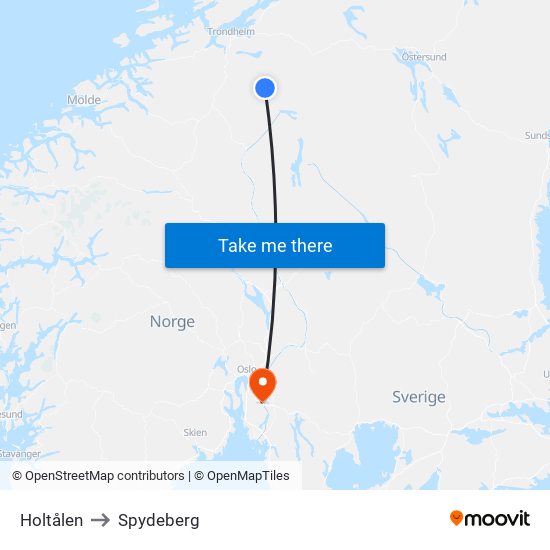Holtålen to Spydeberg map