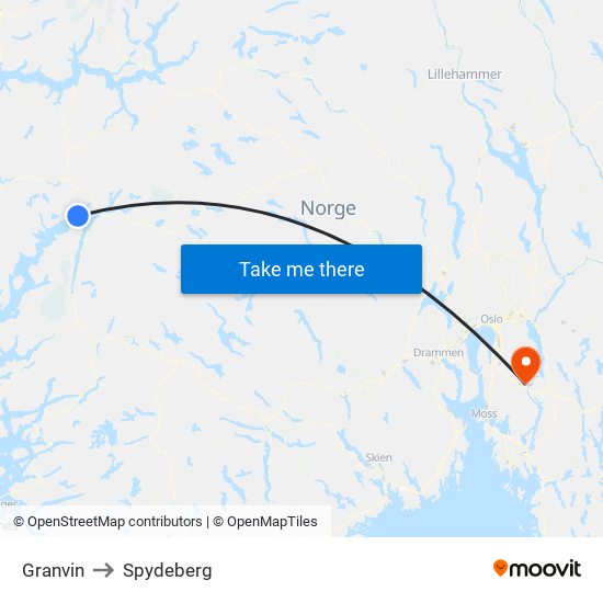 Granvin to Spydeberg map