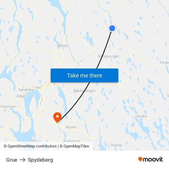 Grue to Spydeberg map