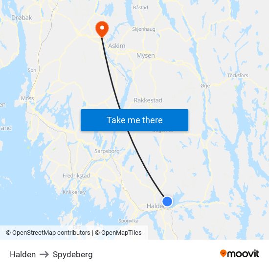 Halden to Spydeberg map