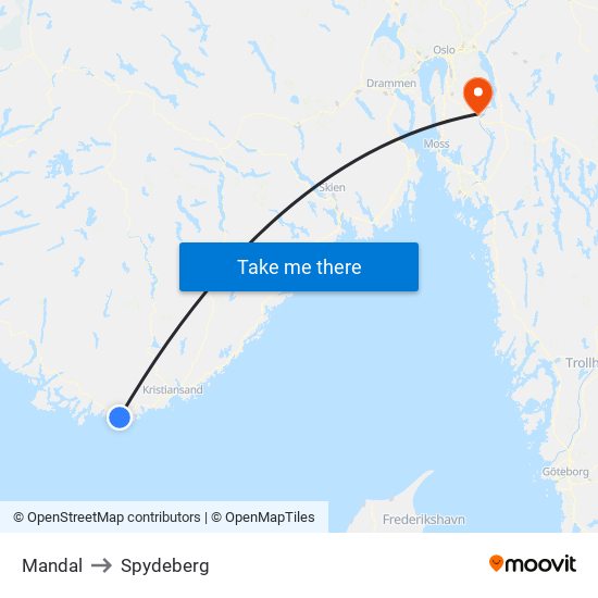 Mandal to Spydeberg map