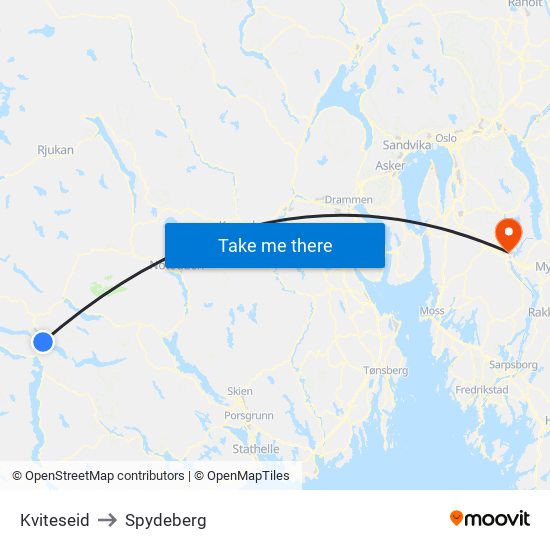 Kviteseid to Spydeberg map