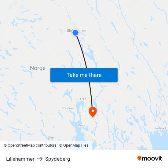 Lillehammer to Spydeberg map