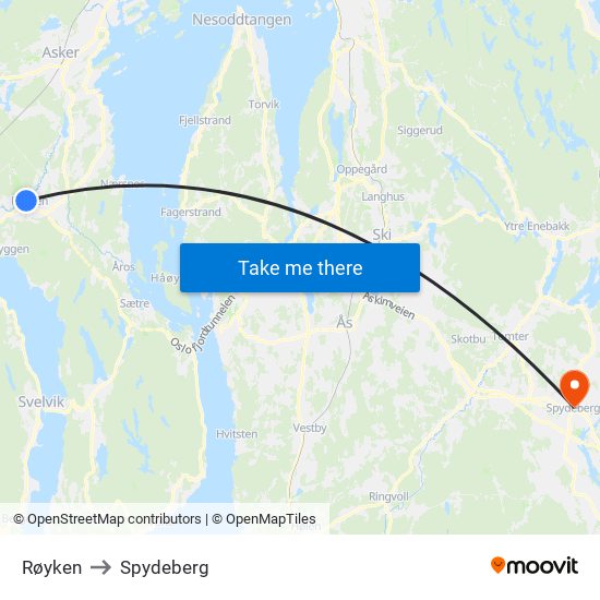 Røyken to Spydeberg map