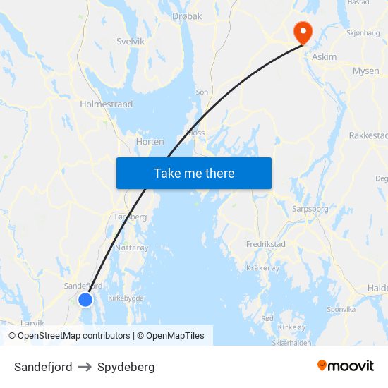 Sandefjord to Spydeberg map