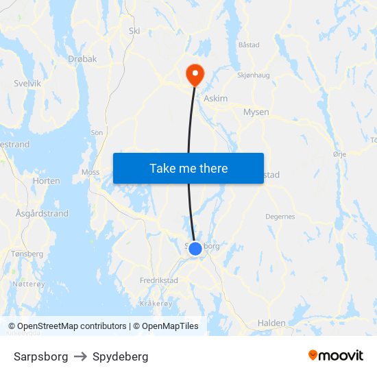 Sarpsborg to Spydeberg map