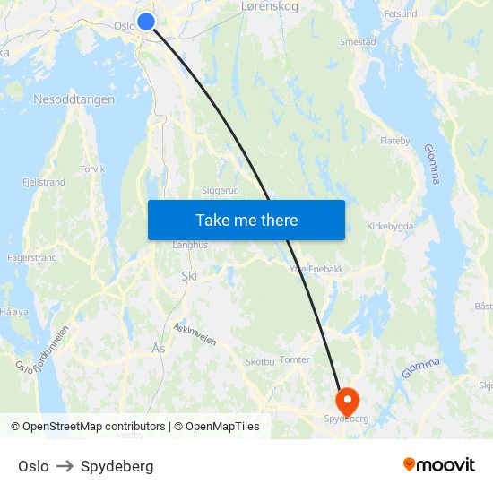 Oslo to Spydeberg map