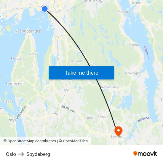 Oslo to Spydeberg map
