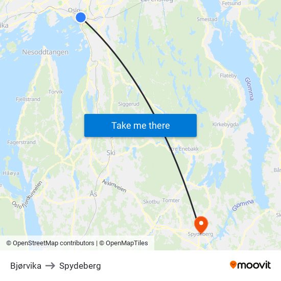 Bjørvika to Spydeberg map