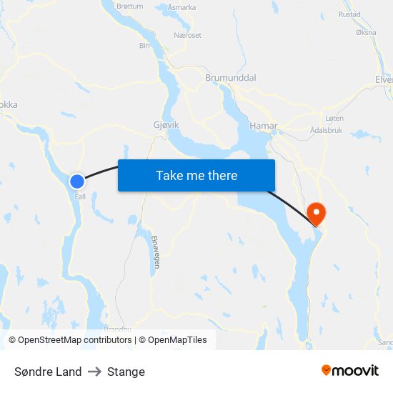 Søndre Land to Stange map