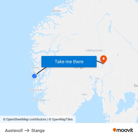 Austevoll to Stange map