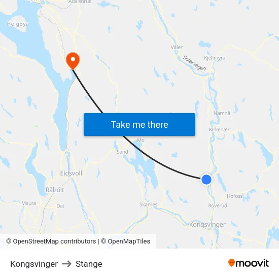 Kongsvinger to Stange map