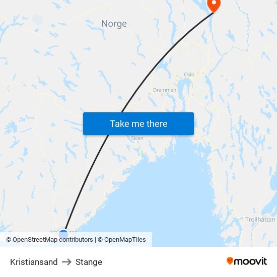 Kristiansand to Stange map
